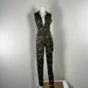 khaki and brown camo jumpsuit with front zipper and belted waist
